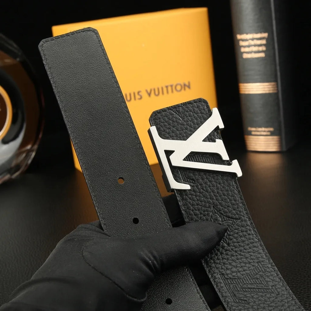 silver Louis Vuitton Embossed Black Belt - Hình 3