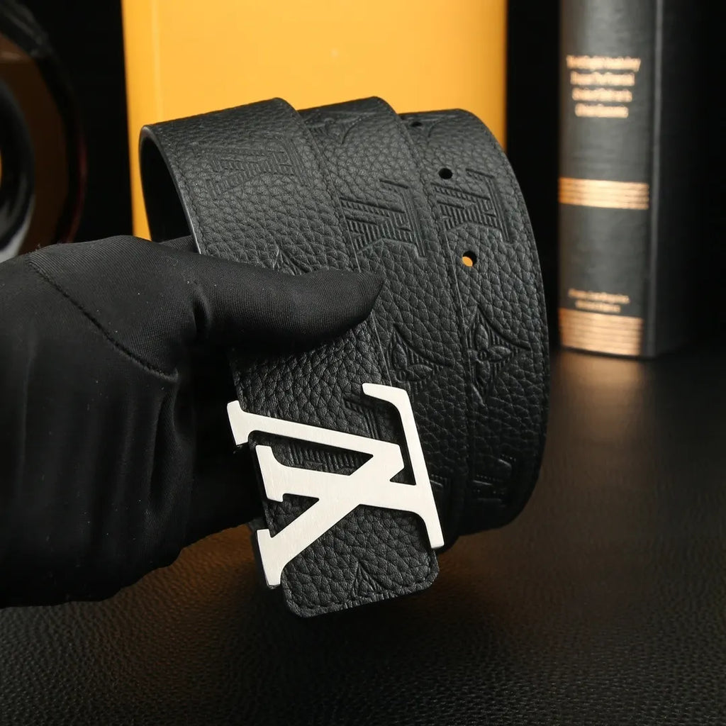 silver Louis Vuitton Embossed Black Belt - Hình 4