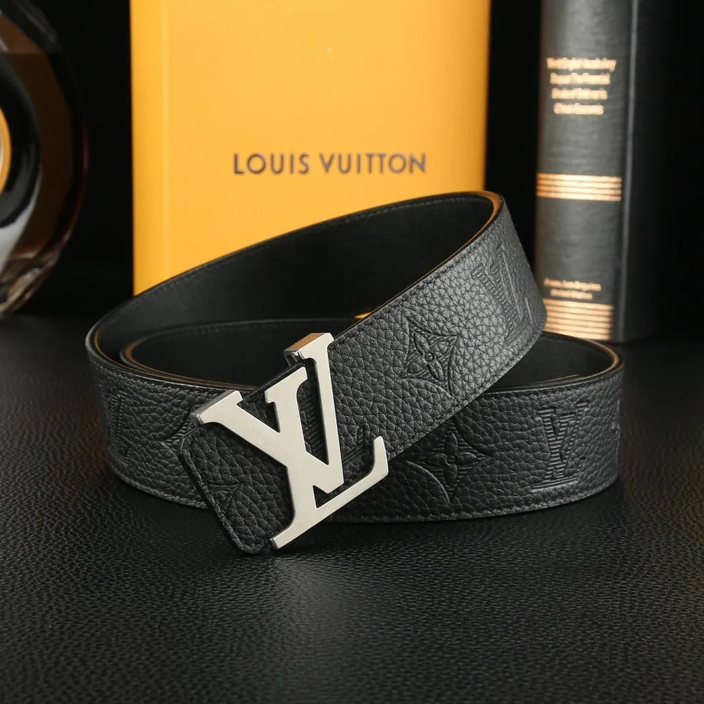 silver Louis Vuitton Embossed Black Belt - Hình 5