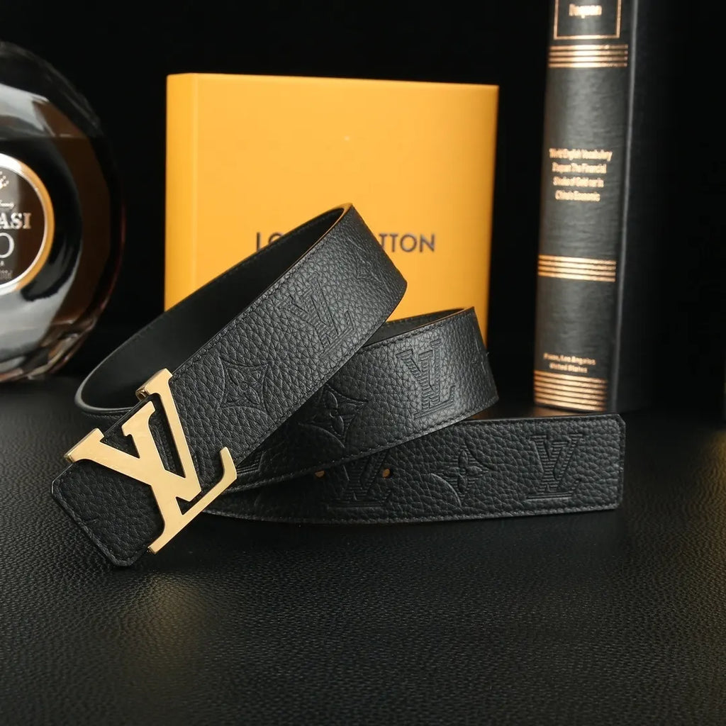 silver Louis Vuitton Embossed Black Belt - Hình 6