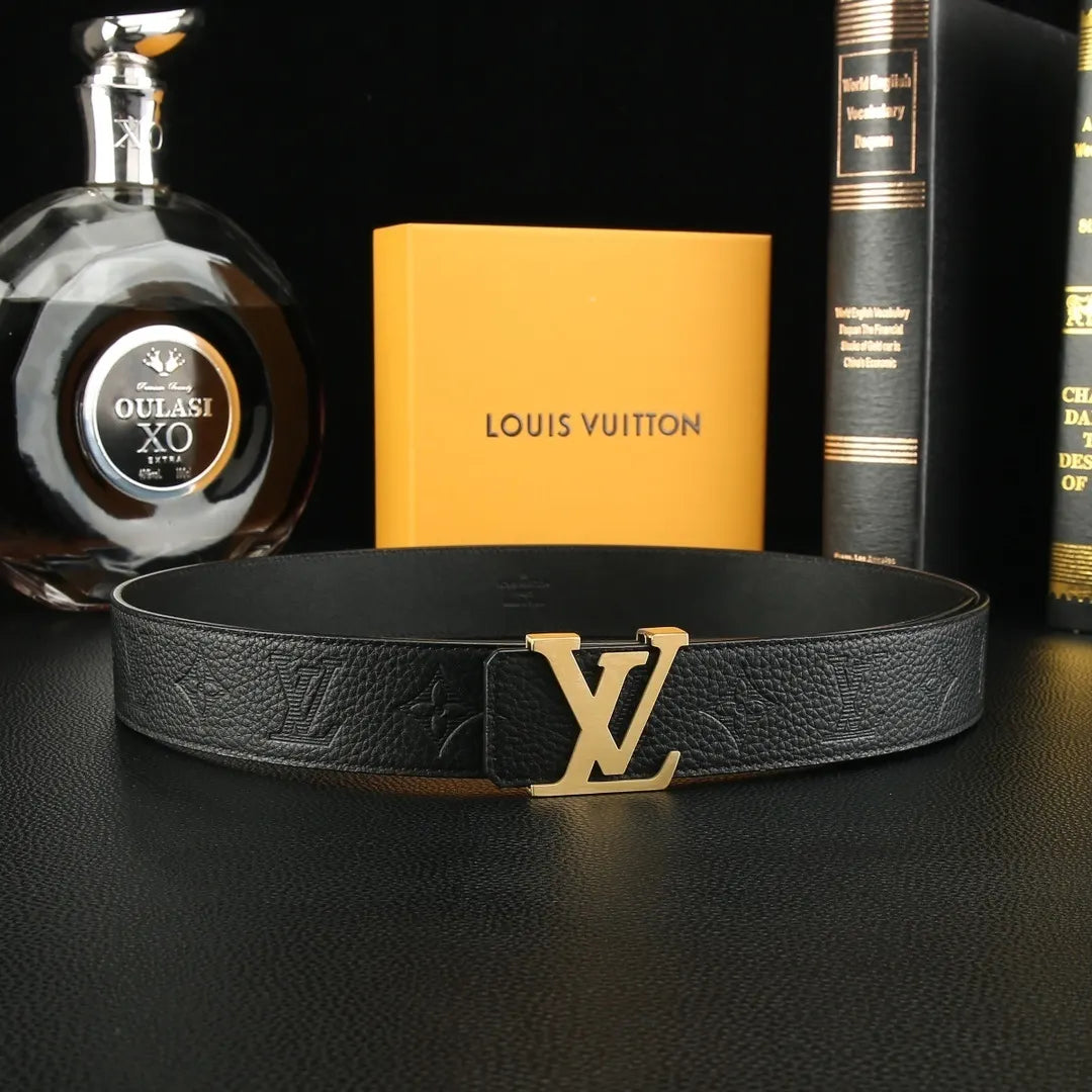 silver Louis Vuitton Embossed Black Belt - Hình 8