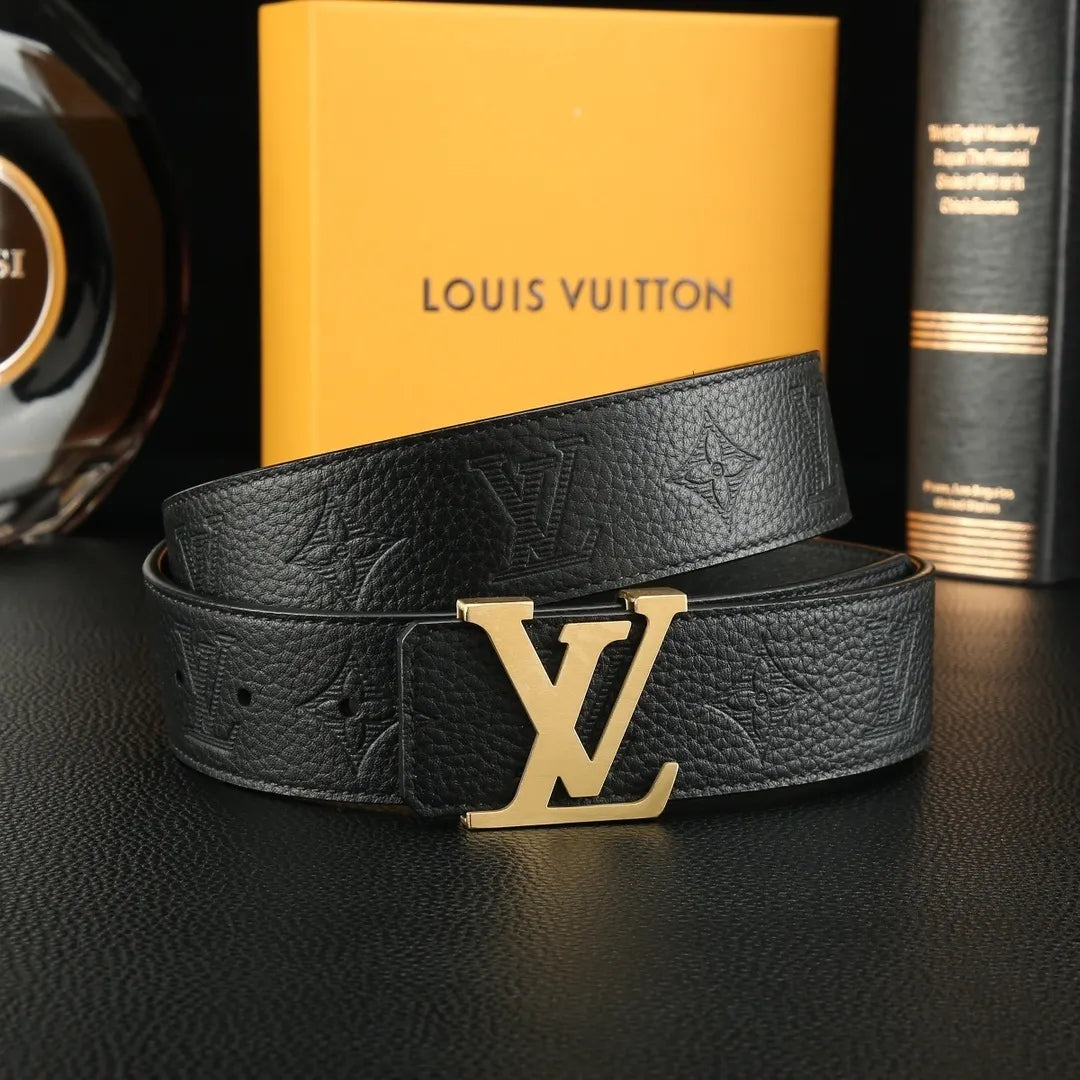 silver Louis Vuitton Embossed Black Belt - Hình 9