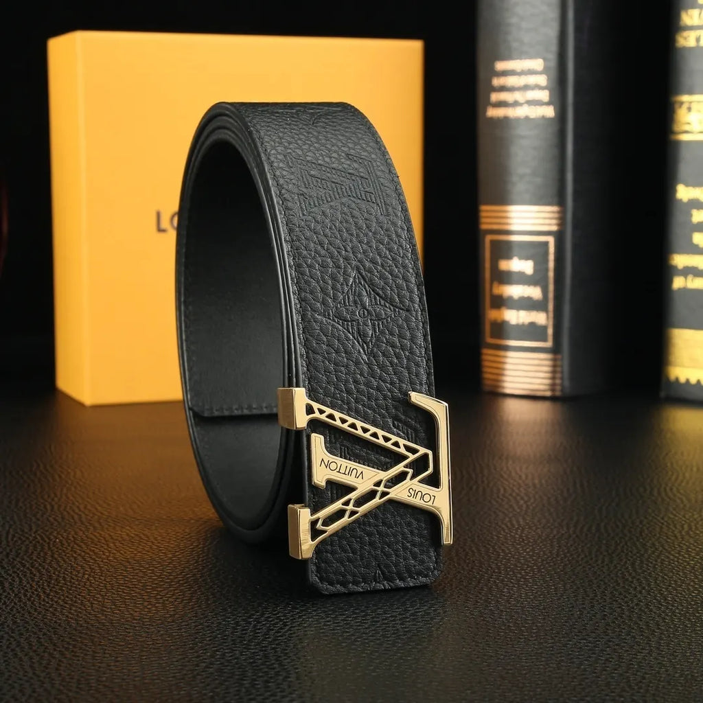 silver Louis Vuitton Black Embossed Leather Belt - Hình 2