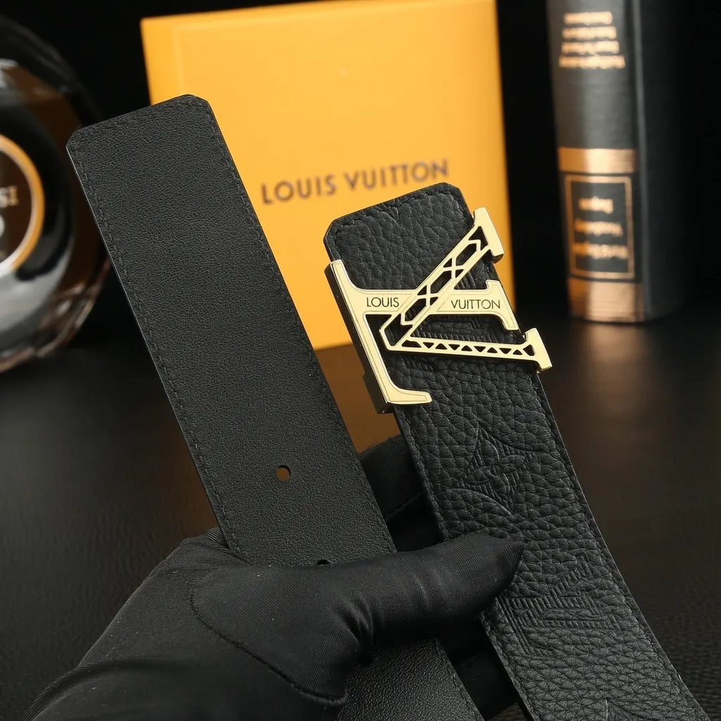 silver Louis Vuitton Black Embossed Leather Belt - Hình 3
