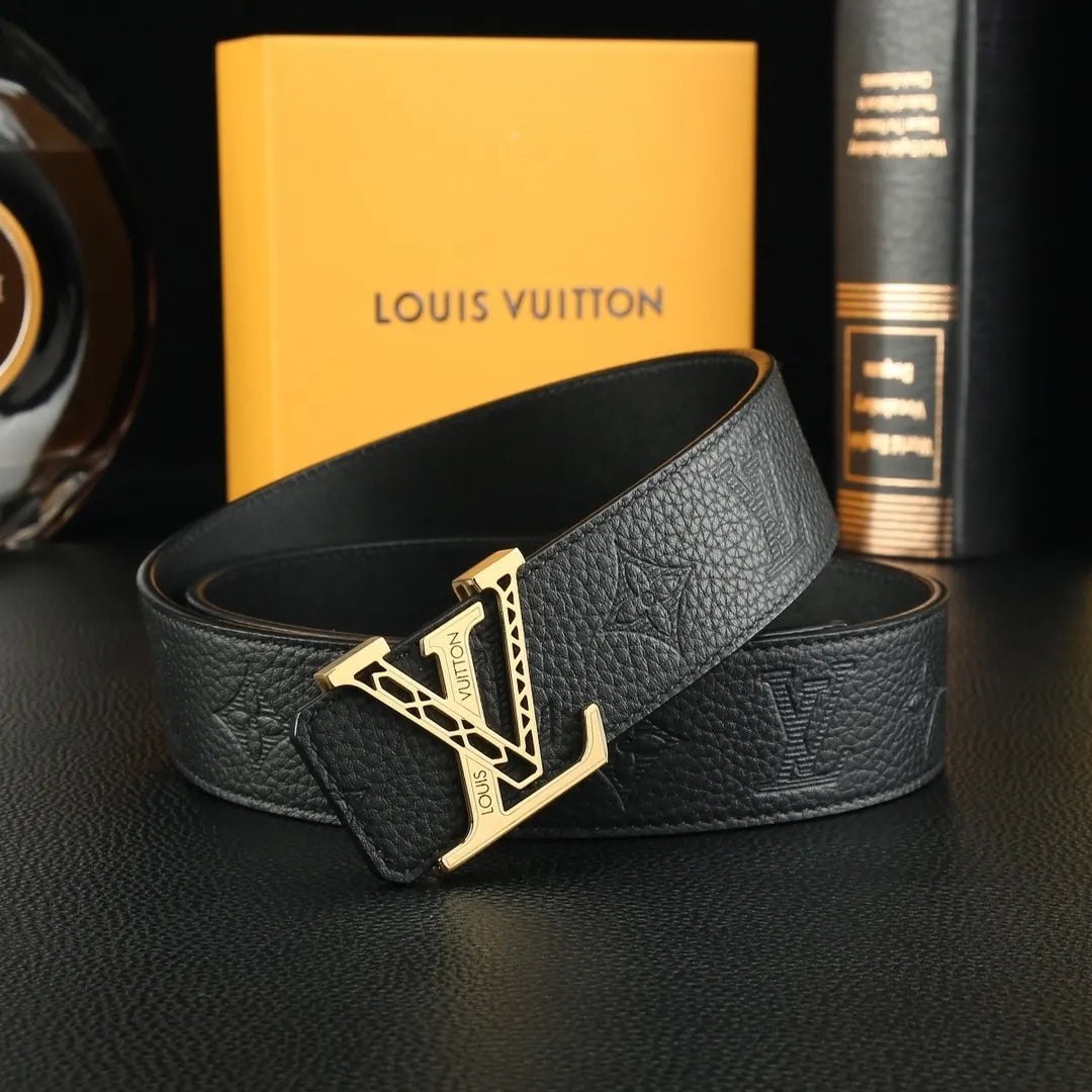 silver Louis Vuitton Black Embossed Leather Belt - Hình 4
