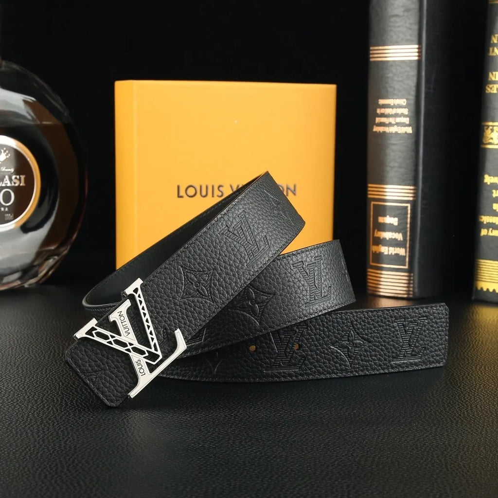 silver Louis Vuitton Black Embossed Leather Belt - Hình 5