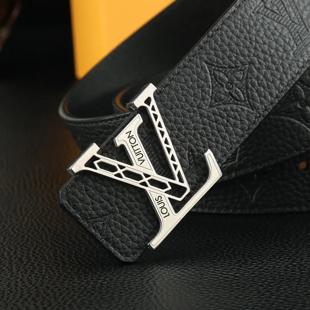 silver Louis Vuitton Black Embossed Leather Belt - Hình 6