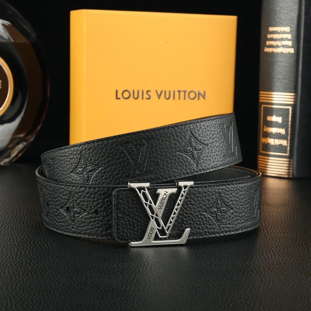 silver Louis Vuitton Black Embossed Leather Belt - Hình 7