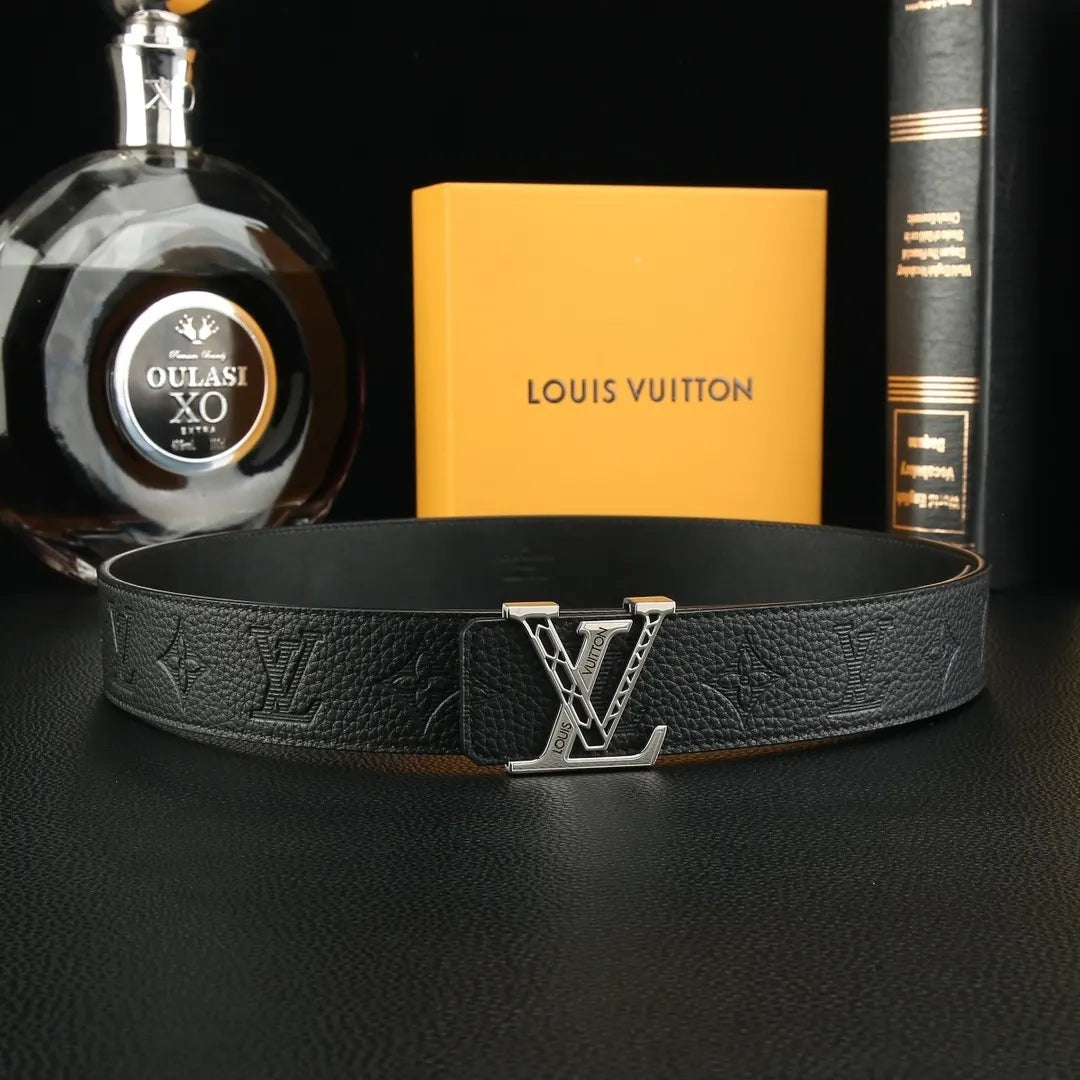 silver Louis Vuitton Black Embossed Leather Belt - Hình 8