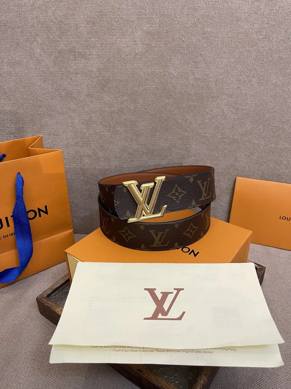 gold Louis Vuitton Monogram Brown Leather Belt
