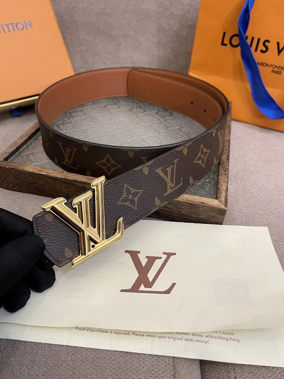 gold Louis Vuitton Monogram Brown Leather Belt - Hình 2