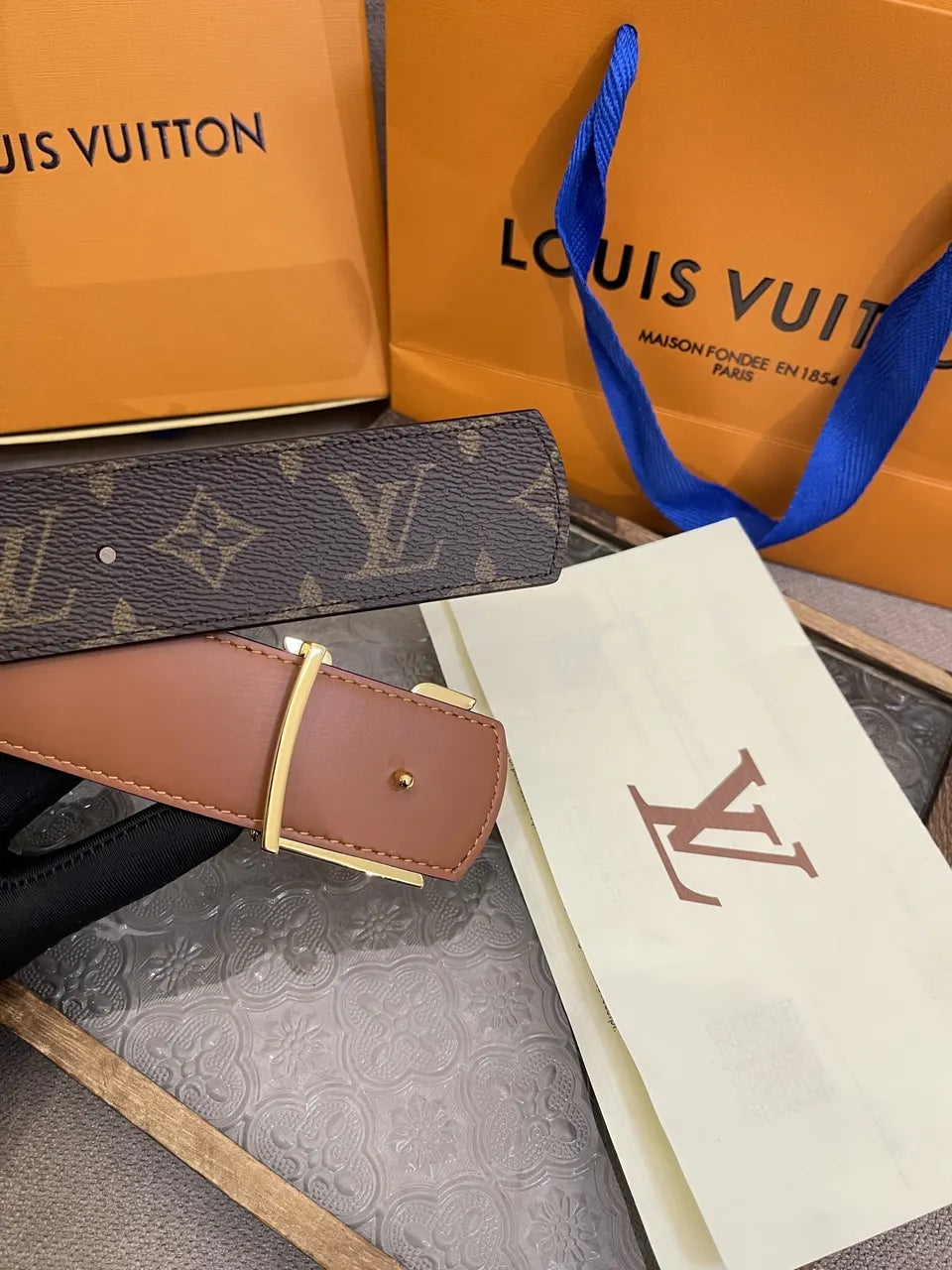 gold Louis Vuitton Monogram Brown Leather Belt - Hình 3