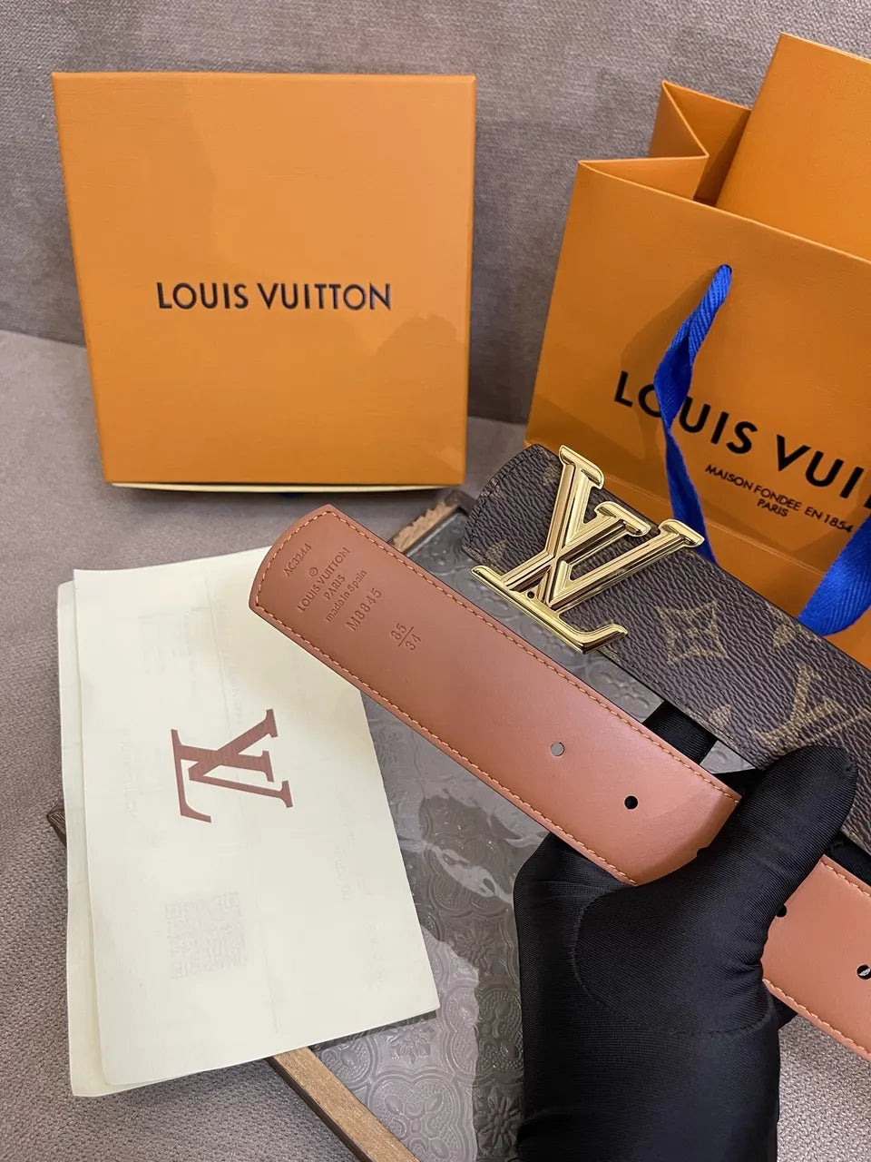 gold Louis Vuitton Monogram Brown Leather Belt - Hình 4