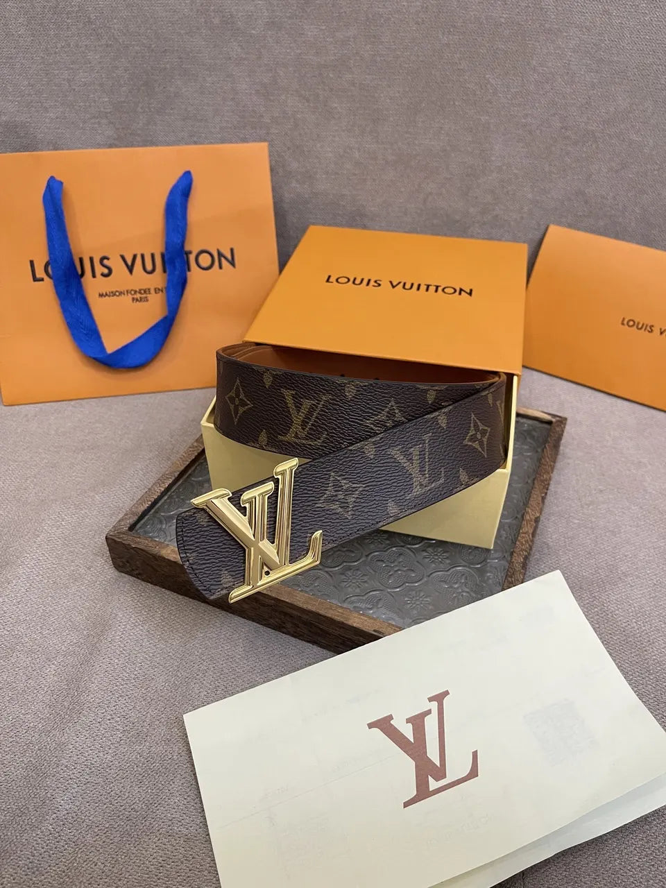 gold Louis Vuitton Monogram Brown Leather Belt - Hình 5