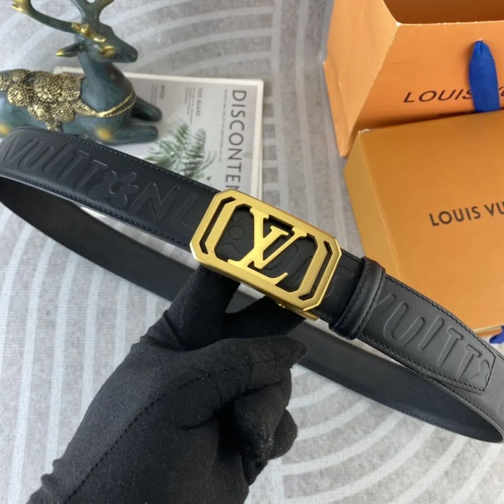 gold Louis Vuitton Embossed Black Leather Belt