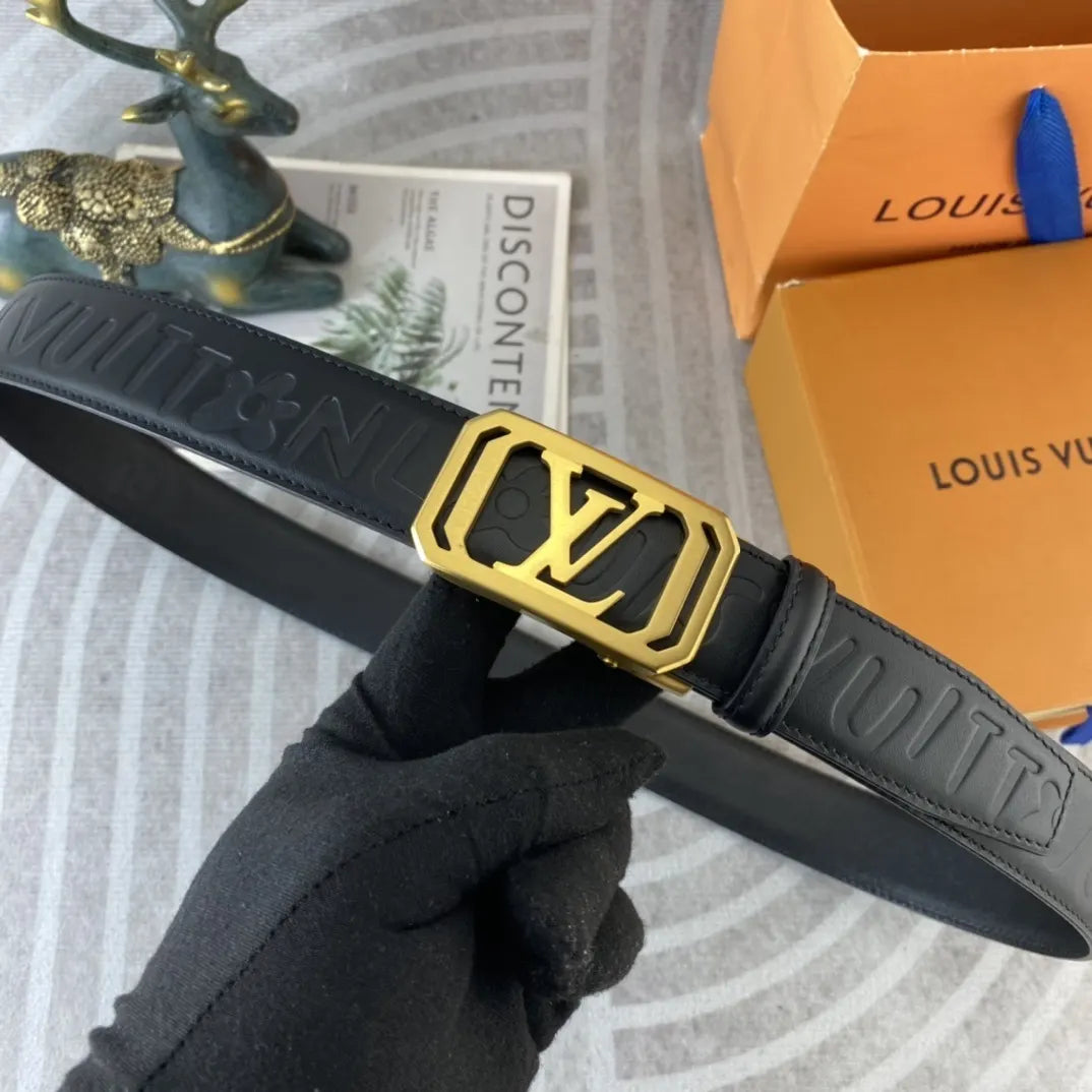 gold Louis Vuitton Embossed Black Leather Belt