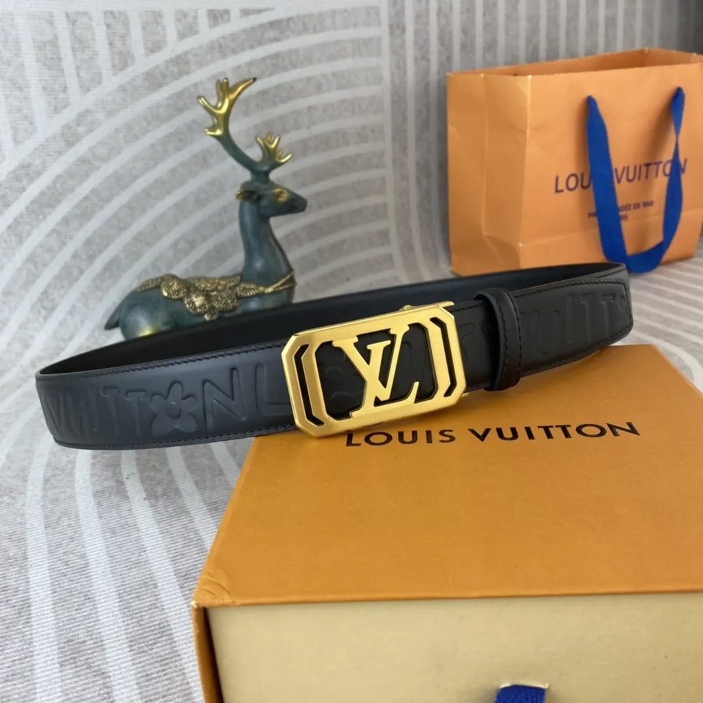 gold Louis Vuitton Embossed Black Leather Belt - Hình 2