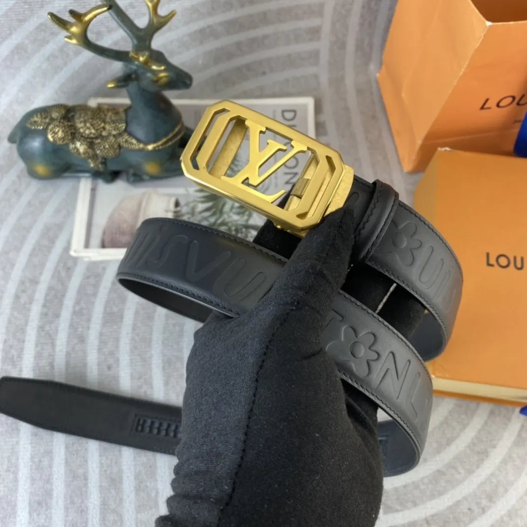 gold Louis Vuitton Embossed Black Leather Belt - Hình 3