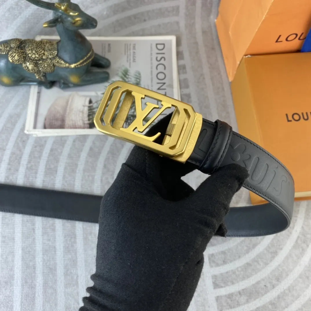 gold Louis Vuitton Embossed Black Leather Belt - Hình 4