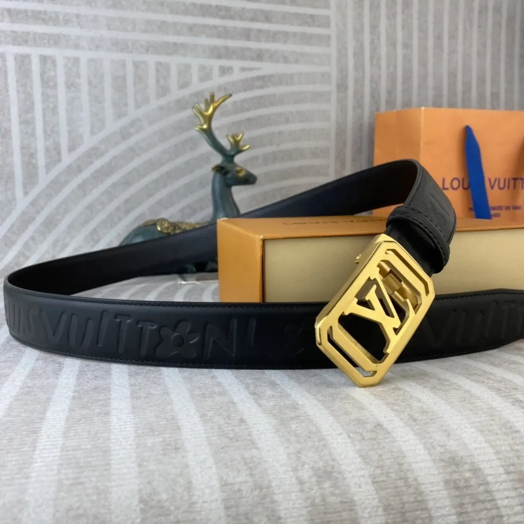 gold Louis Vuitton Embossed Black Leather Belt - Hình 5