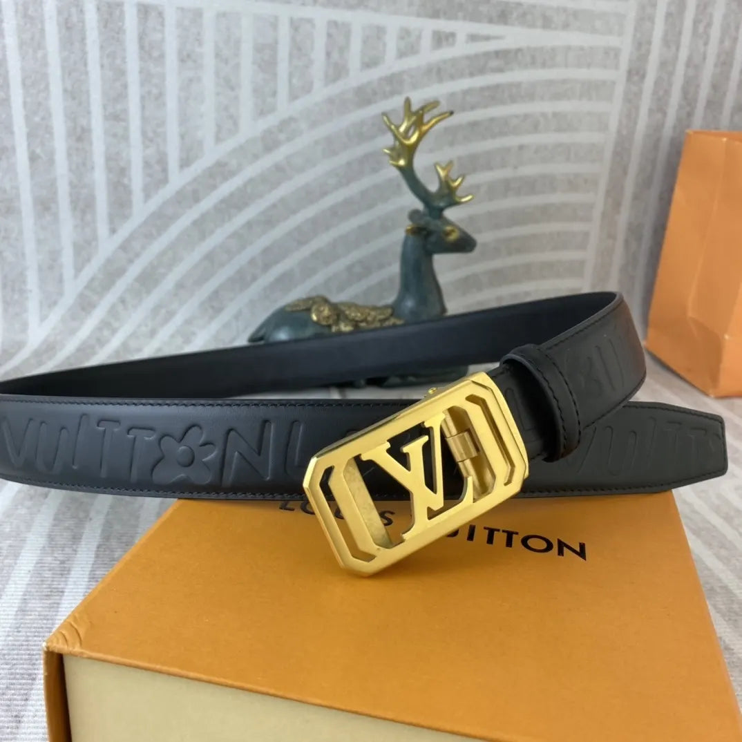 gold Louis Vuitton Embossed Black Leather Belt - Hình 6