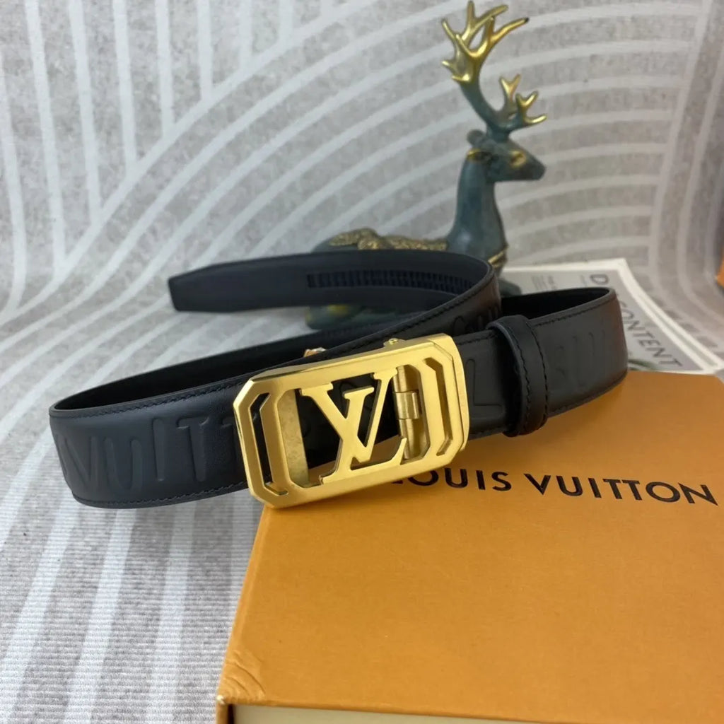 gold Louis Vuitton Embossed Black Leather Belt - Hình 7