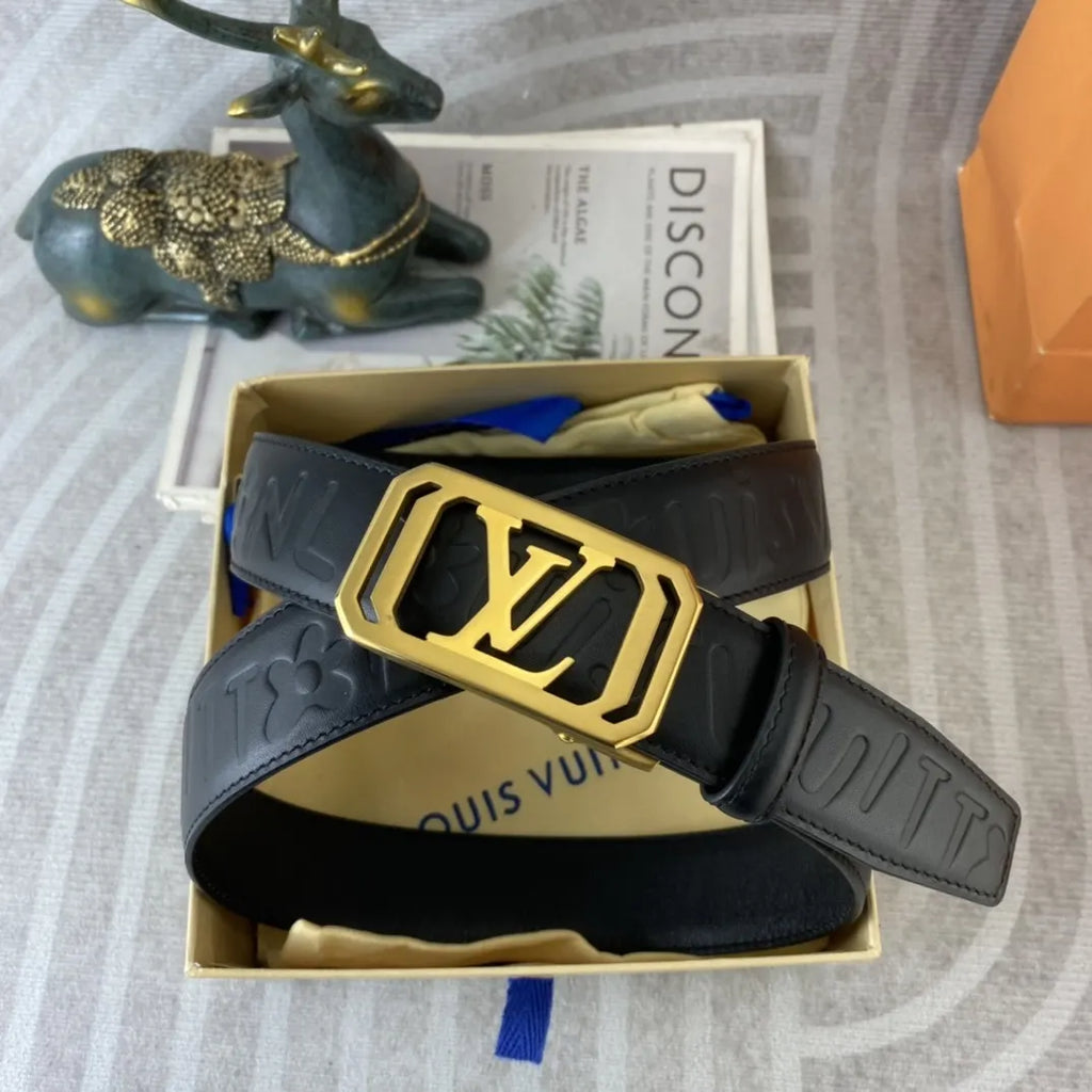 gold Louis Vuitton Embossed Black Leather Belt - Hình 8