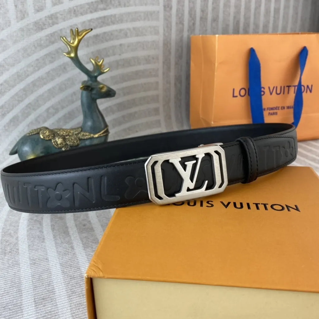 black leather Louis Vuitton Embossed Belt - Hình 2