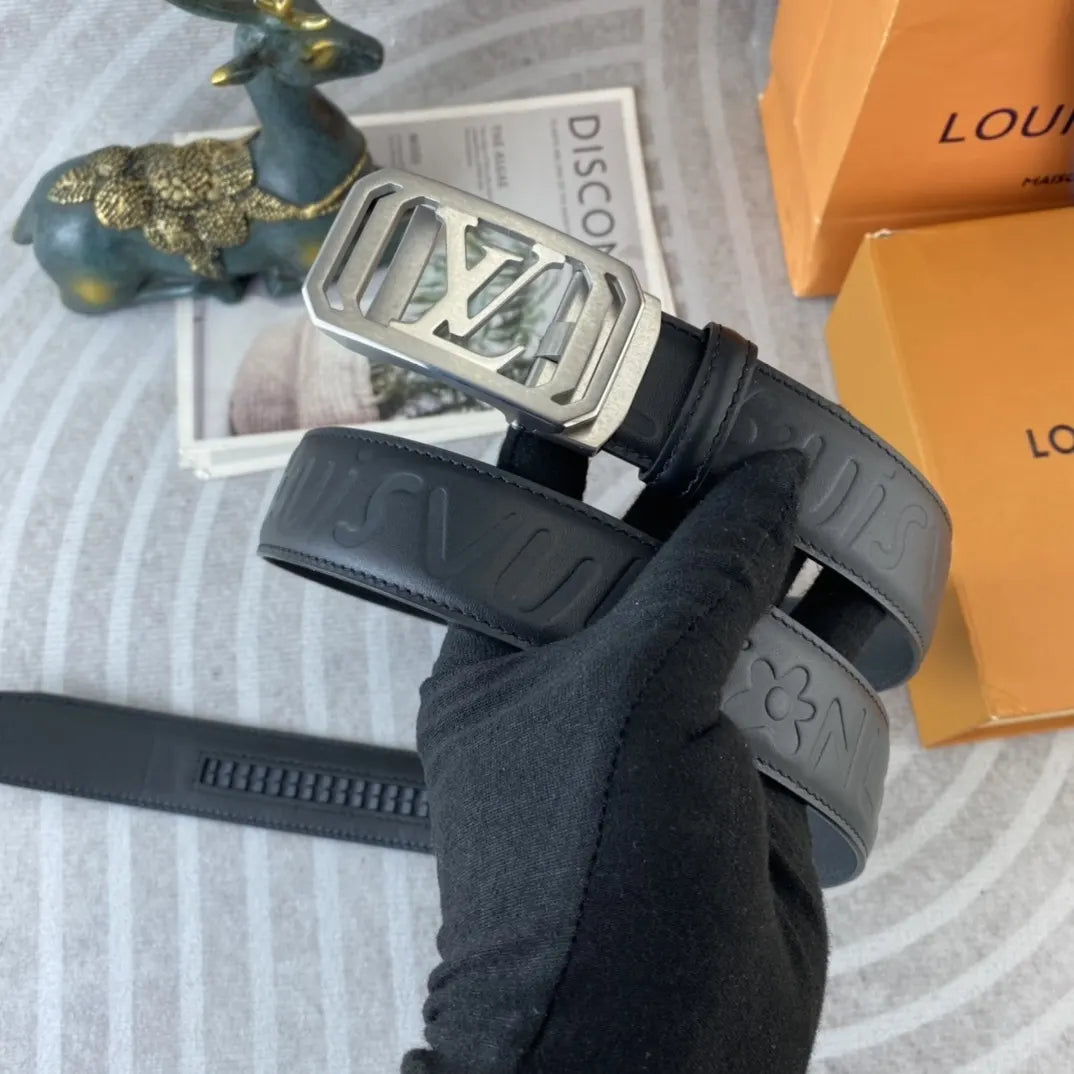 black leather Louis Vuitton Embossed Belt - Hình 3