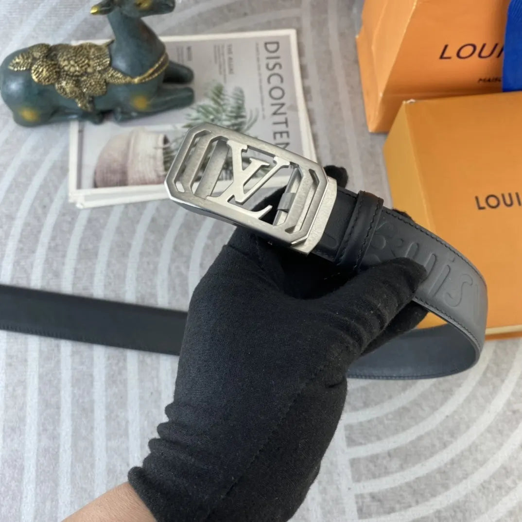 black leather Louis Vuitton Embossed Belt - Hình 4