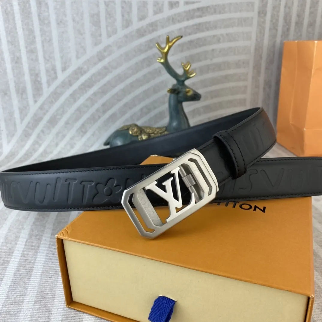 black leather Louis Vuitton Embossed Belt - Hình 5