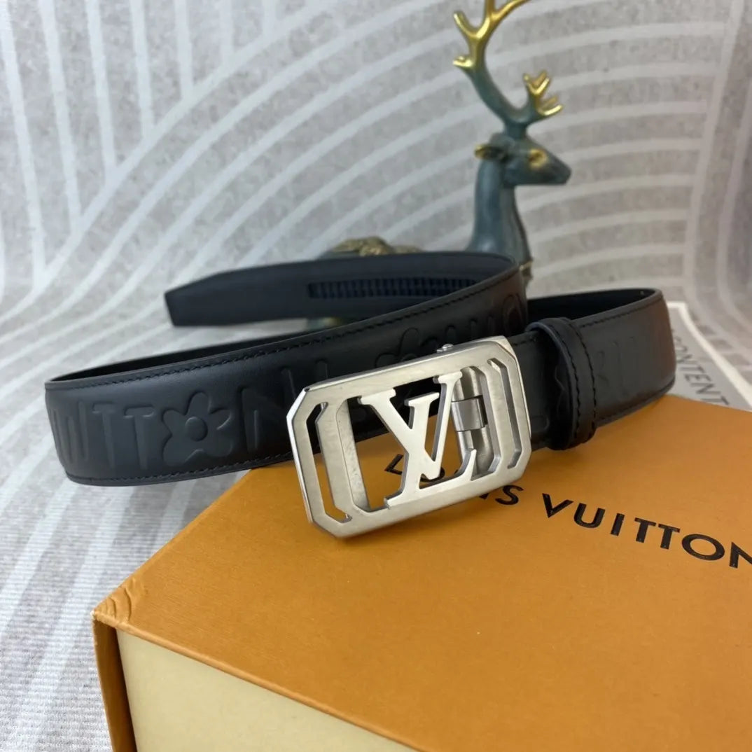 black leather Louis Vuitton Embossed Belt - Hình 6