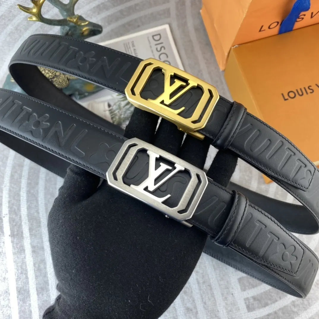 black leather Louis Vuitton Embossed Belt - Hình 8