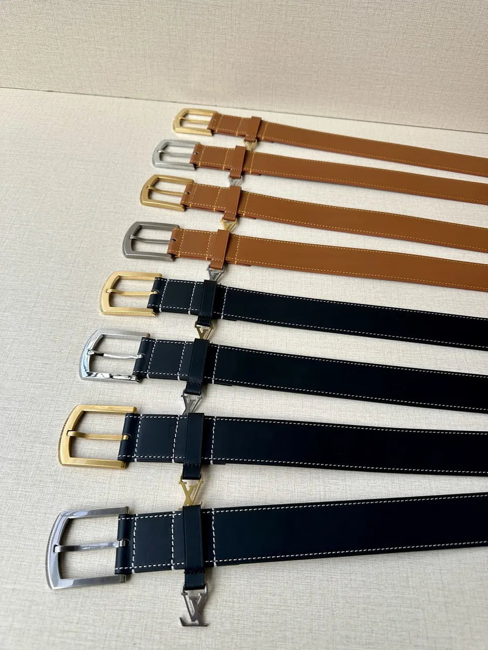 gold Louis Vuitton Navy Leather Belt - Hình 7