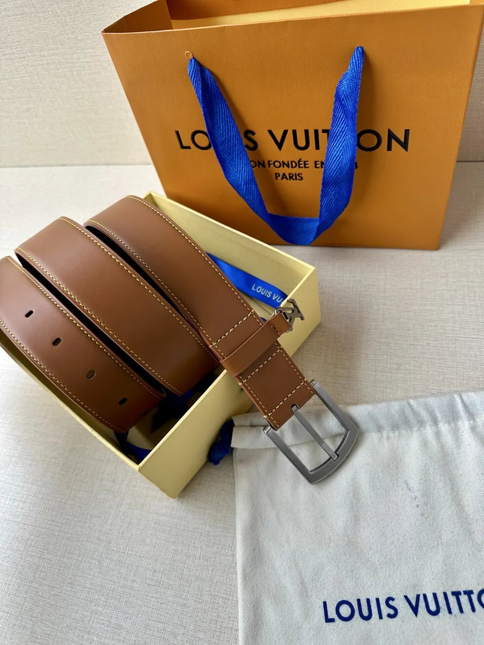 silver Louis Vuitton Tan Leather Belt - Hình 3