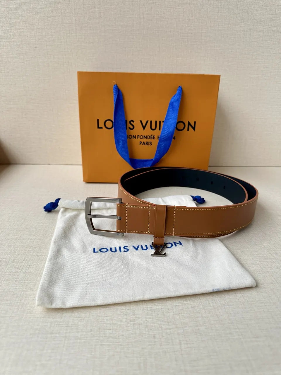 silver Louis Vuitton Tan Leather Belt - Hình 4