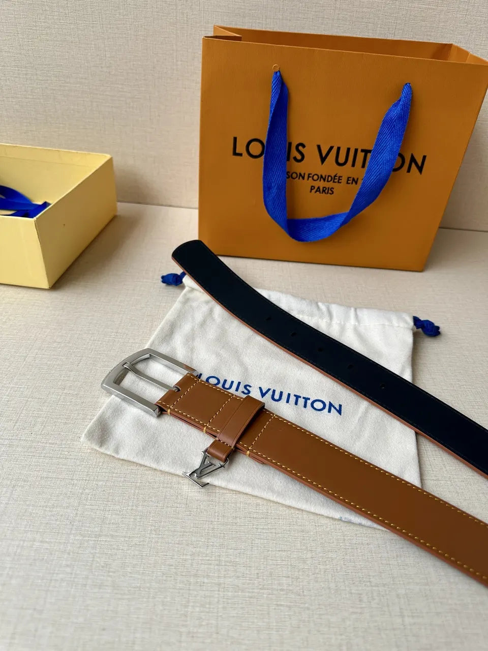 silver Louis Vuitton Tan Leather Belt - Hình 6