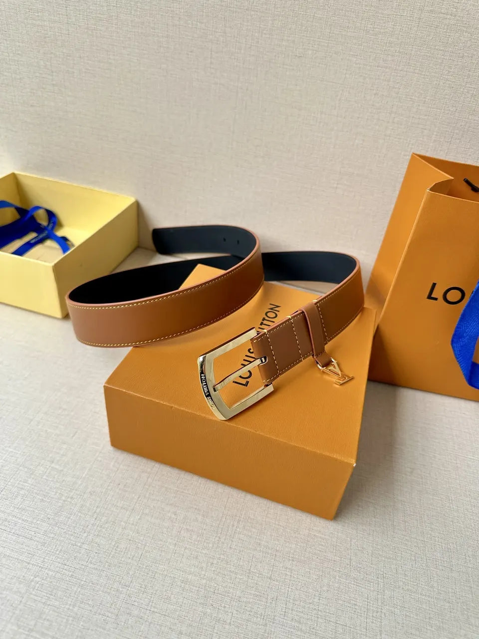 gold Louis Vuitton Caramel Leather Belt - Hình 4