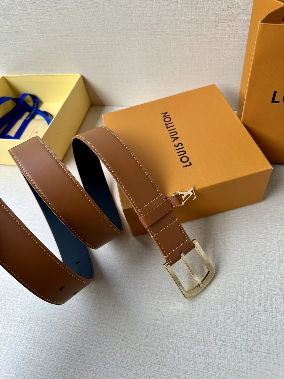 gold Louis Vuitton Caramel Leather Belt - Hình 6