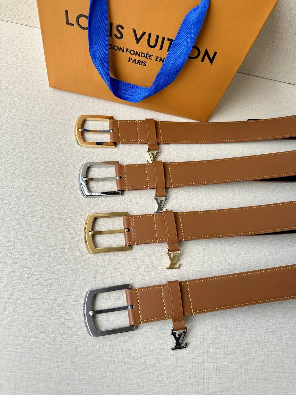 gold Louis Vuitton Caramel Leather Belt - Hình 7