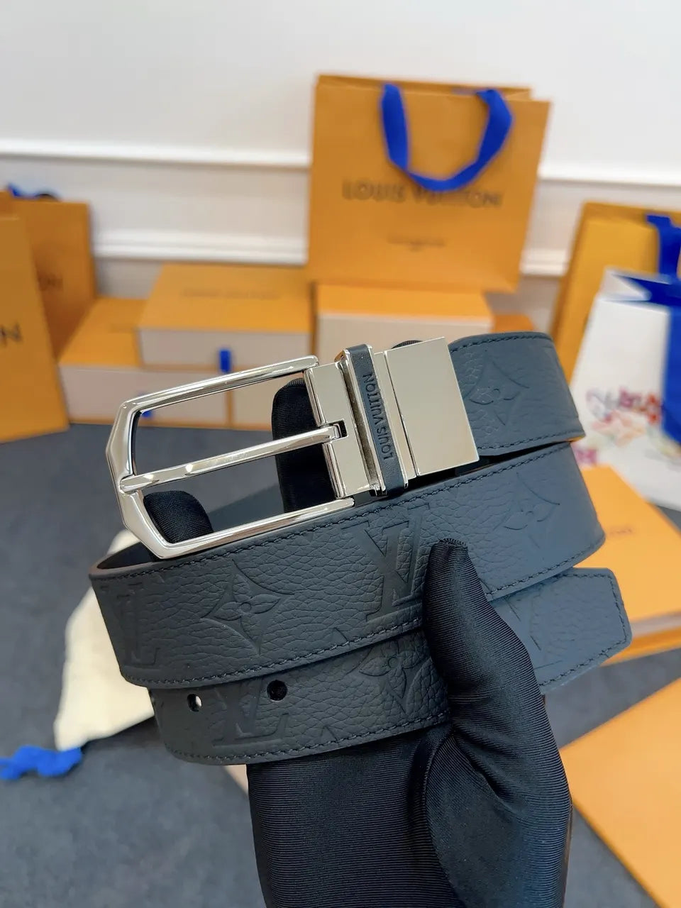 silver Louis Vuitton Embossed Black Leather Belt