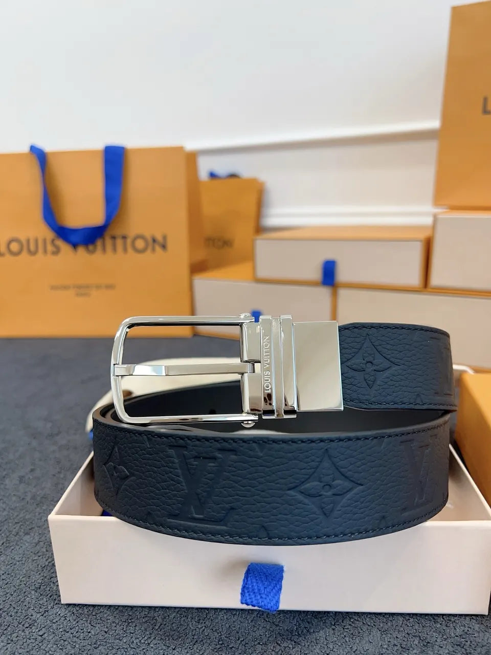 Louis Vuitton Embossed Navy Leather Belt