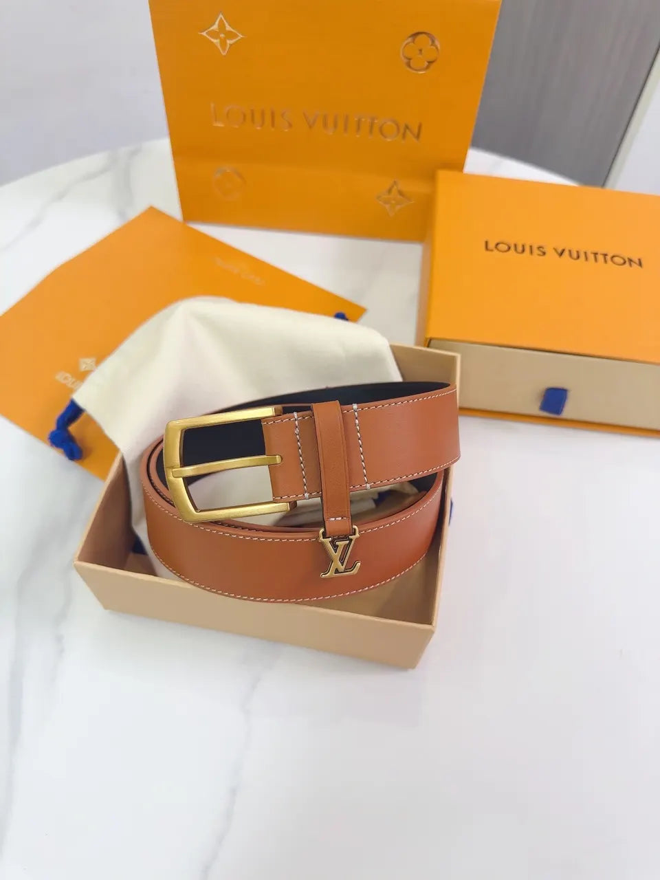 gold Louis Vuitton Tan Leather Belt