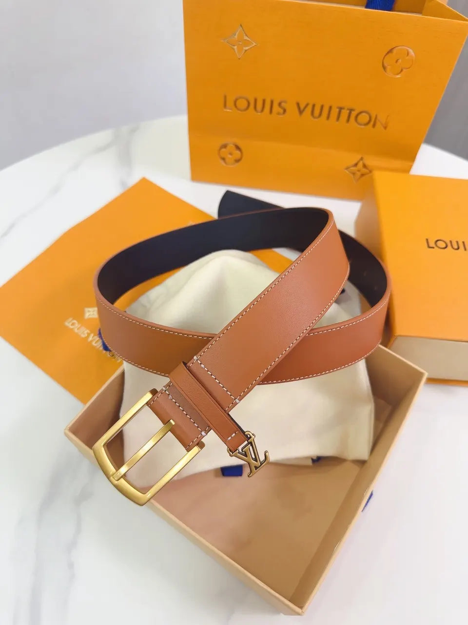 gold Louis Vuitton Tan Leather Belt - Hình 2