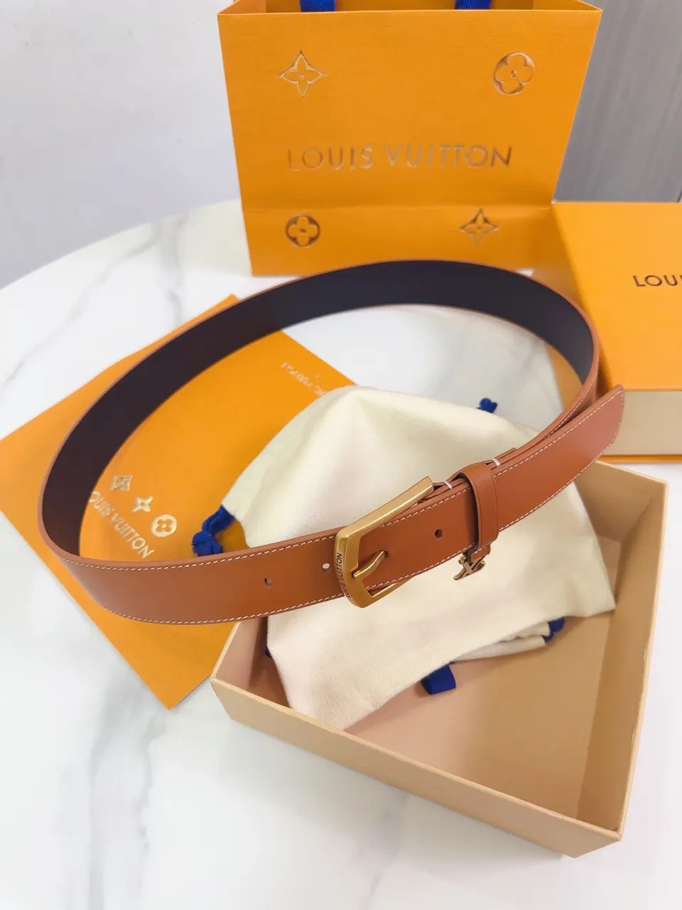 gold Louis Vuitton Tan Leather Belt - Hình 3