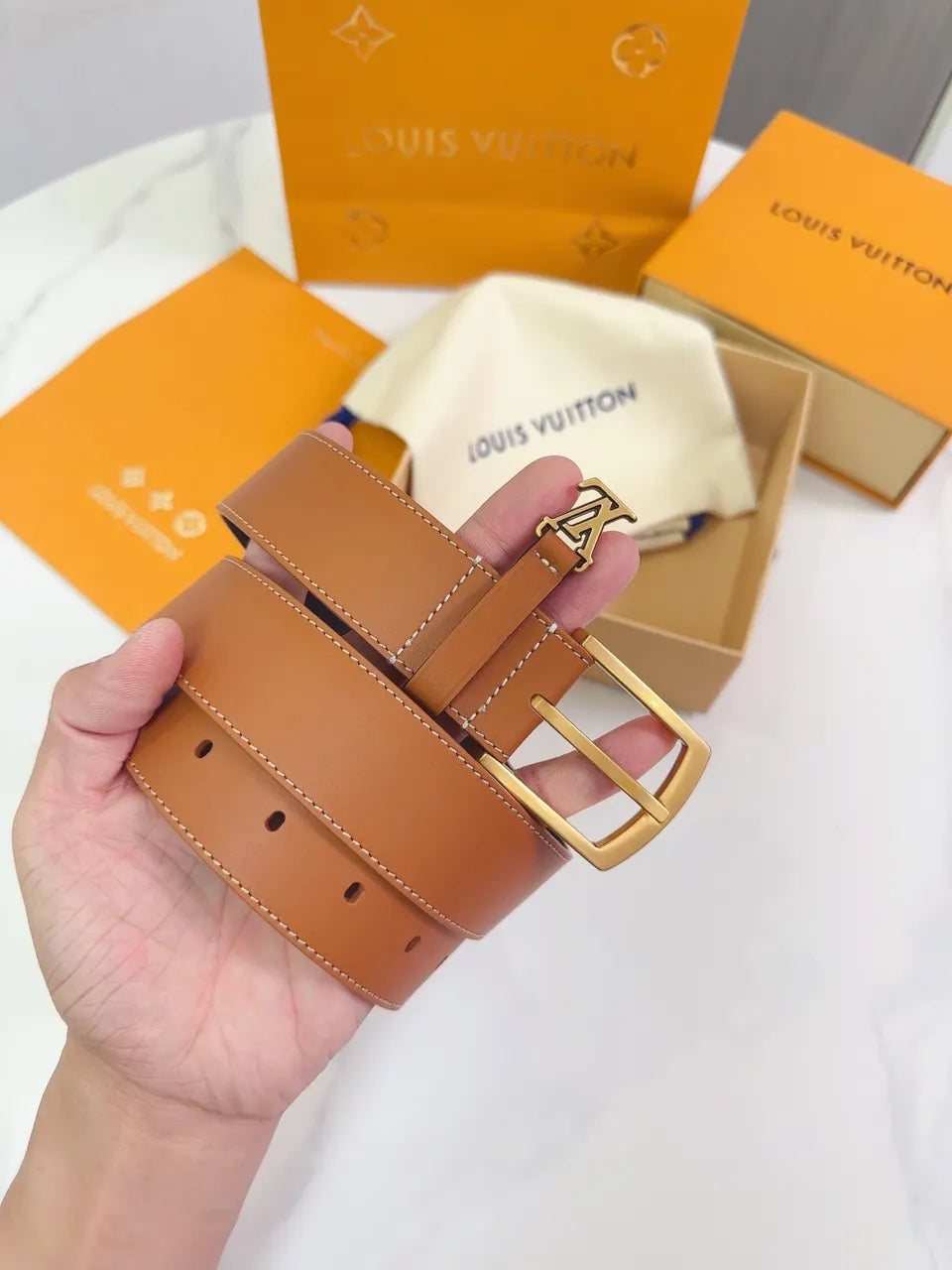 gold Louis Vuitton Tan Leather Belt - Hình 4