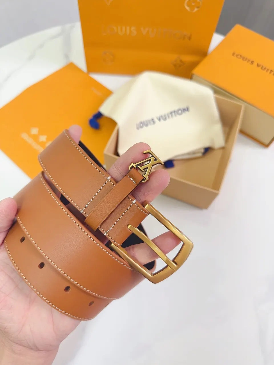 gold Louis Vuitton Tan Leather Belt - Hình 5