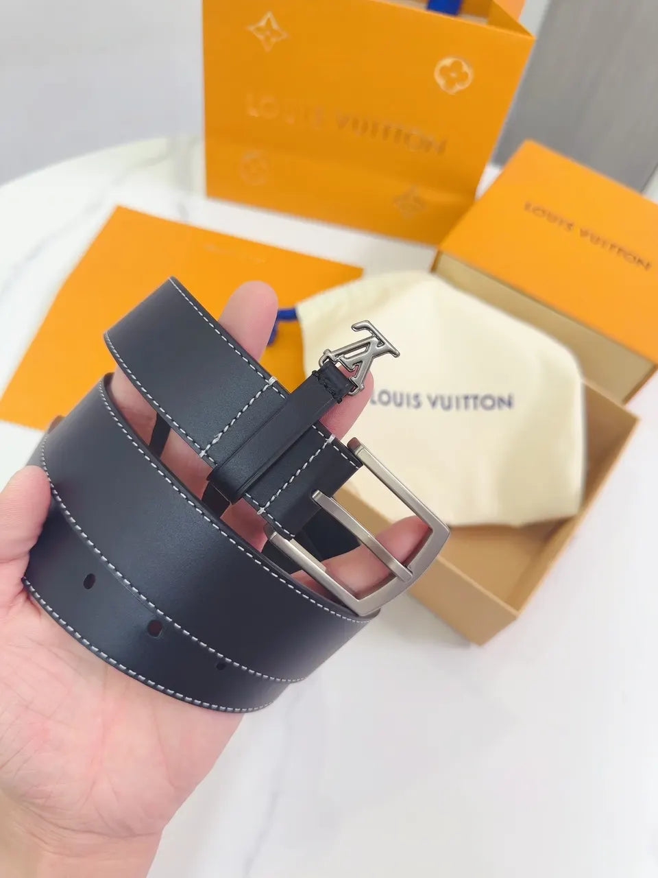silver Louis Vuitton Navy Leather Belt - Hình 6