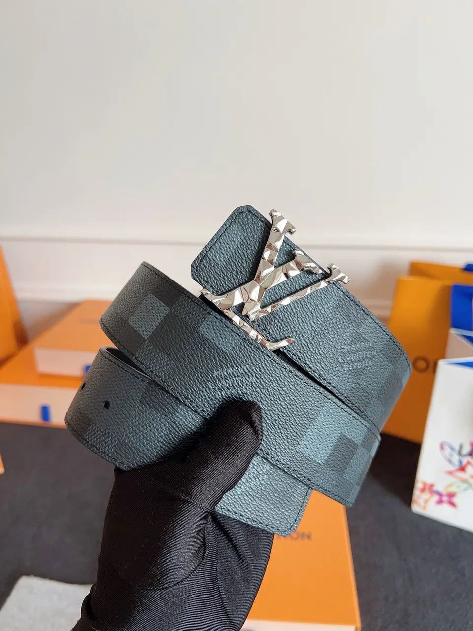 silver LV Damier Graphite Belt