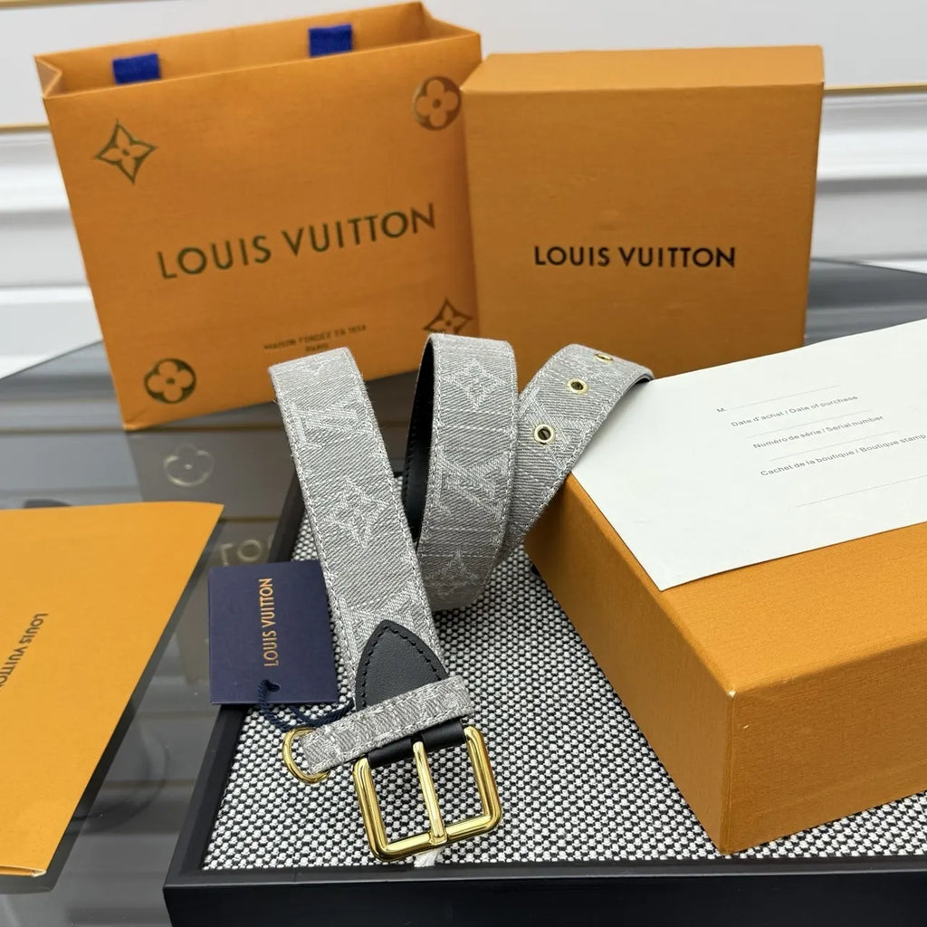 gold Louis Vuitton Gray Monogram Belt - Hình 2
